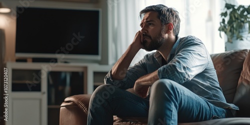 Serious man pondering sitting on modern sofa in living room with blurred TV in background.