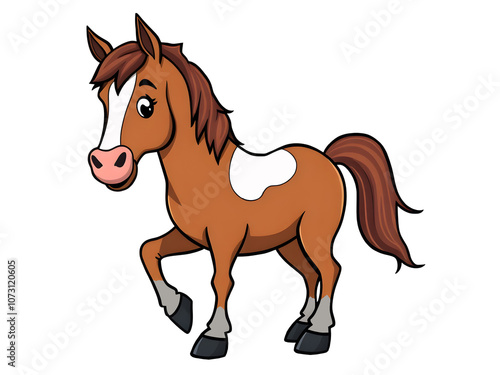 A cute cartoon horse with a brown coat and a white blaze