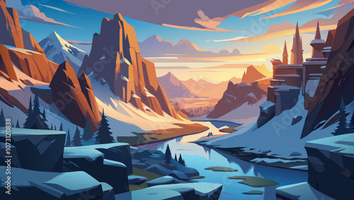 world of warcraft concept art, iceland landscape , canyon, snow , dawn 