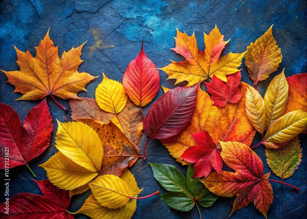 Stunning Panoramic View of Autumn Leaves Against a Vibrant Blue Textured Background, Celebrating the Beauty of Fall Colors in Nature's Artwork Stunning Panoramic View of Autumn Leaves Against a Vibrant Blue Textured Background, Celebrating the Beauty of Fall Colors in Nature's Artwork