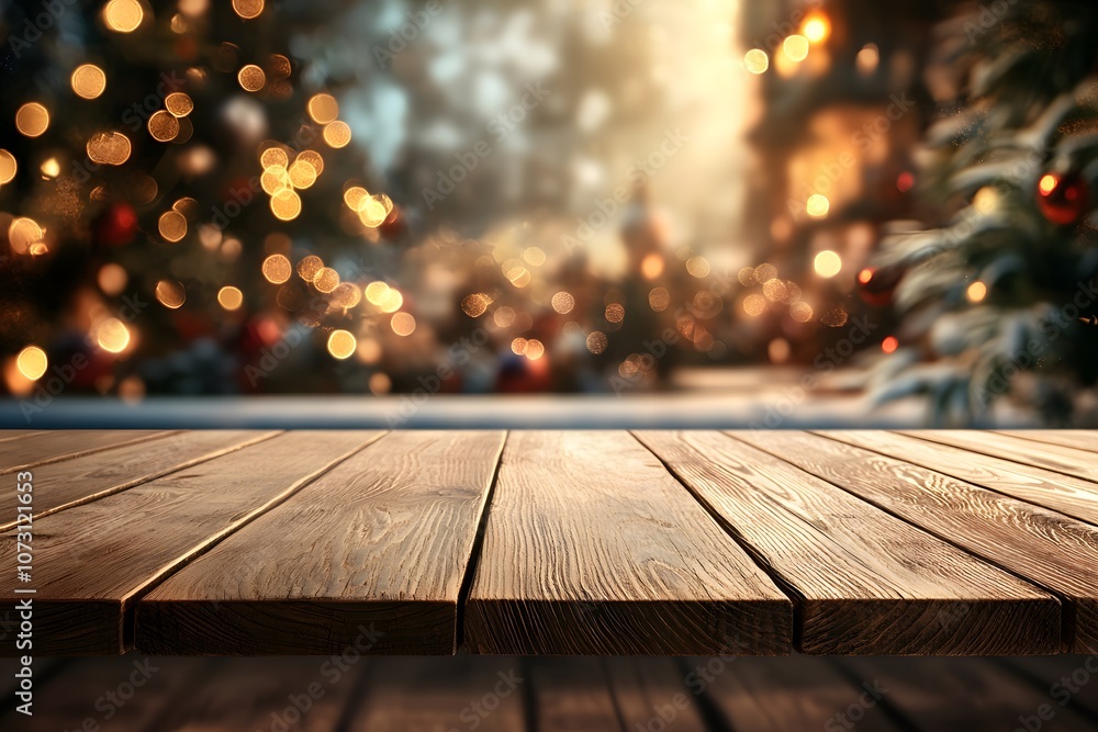 A Vibrant Wooden Table Illuminated by Soft Light, Perfectly Positioned Against a Dreamy, Blurred Background of Holiday Decor and Sparkling Bokeh A Vibrant Wooden Table Illuminated by Soft Light, Perfectly Positioned Against a Dreamy, Blurred Background of Holiday Decor and Sparkling Bokeh