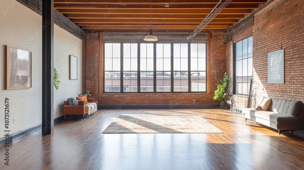 Obraz premium A spacious loft with exposed brick walls, large windows, and hardwood floors.
