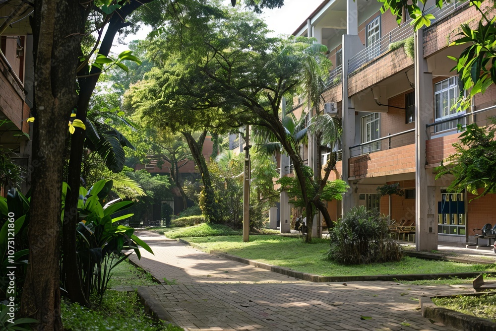 Brick path winding through a green courtyard on a peaceful university campus Brick path winding through a green courtyard on a peaceful university campus
