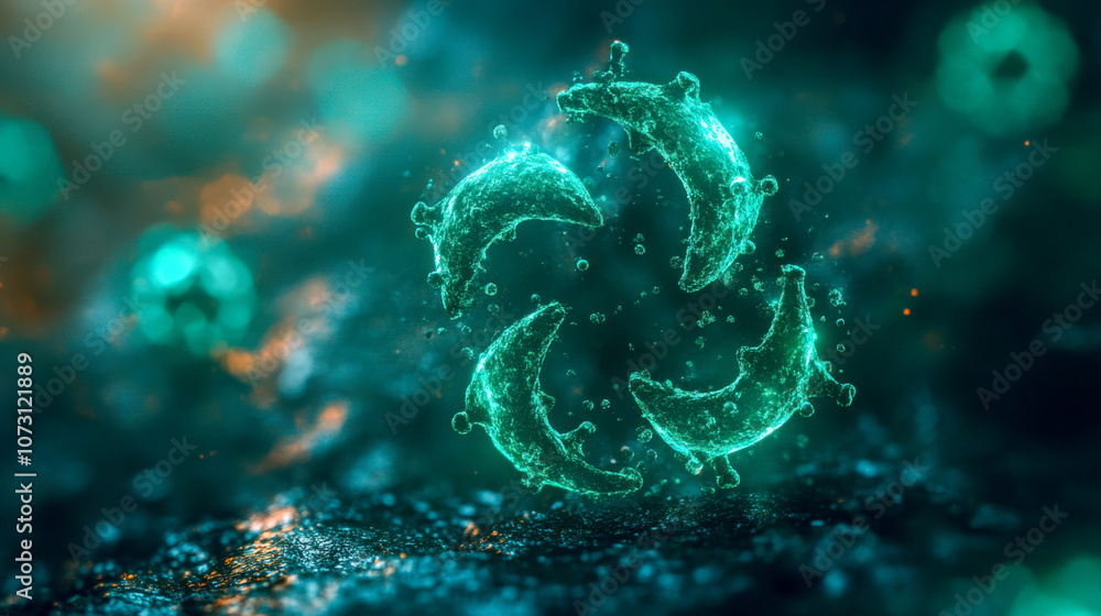 Glowing green water droplets forming a recycling symbol amidst dark background Glowing green water droplets forming a recycling symbol amidst dark background