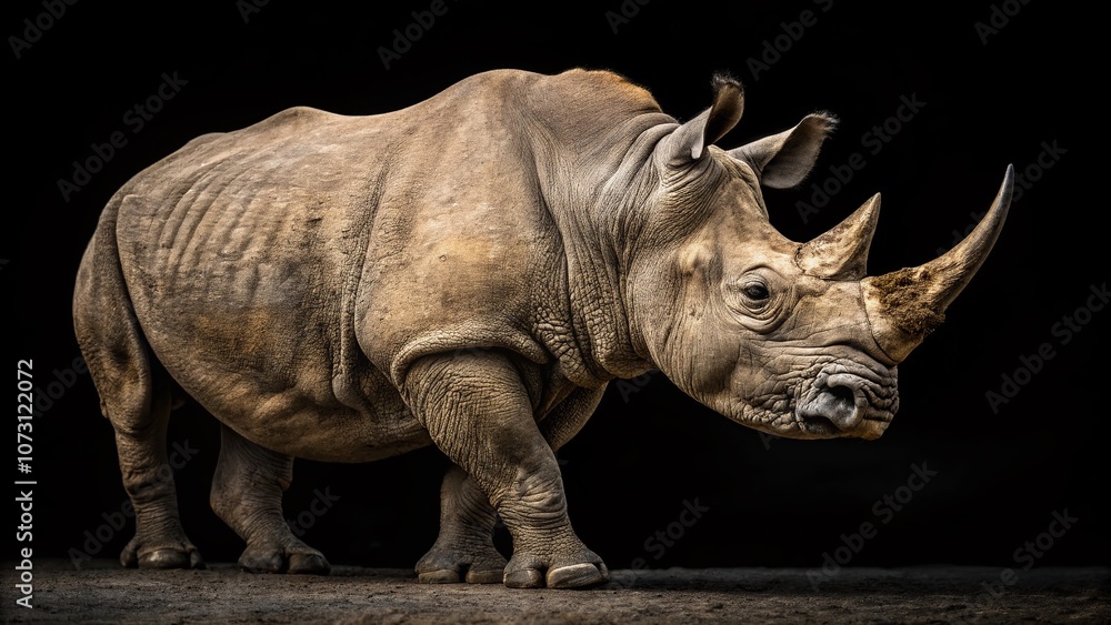 Fototapeta premium Stunning Rhinoceros Portrait Captured Against a Dark Black Background with Intricate Details Highlighting Its Unique Features and Textures in a Striking Contrast of Light and Shadow
