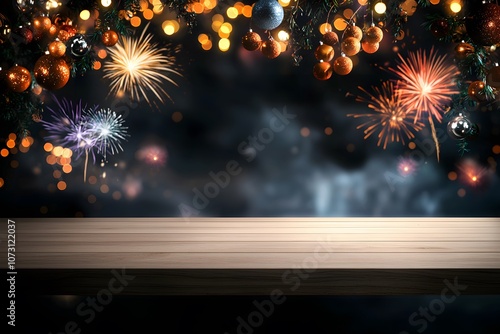 Wallpaper Mural Festive Matte Finish Light Wood Table Set Against a Vibrant Background of New Year Ornaments and Fireworks for Holiday Celebrations and Gatherings Torontodigital.ca