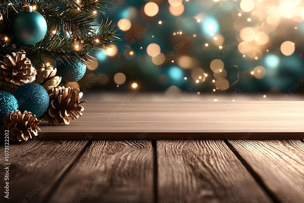 Natural Wood Table with Matte Finish Set in Front of a Blurred Background with Christmas Ornaments and Pinecones Creating a Warm Festive Atmosphere Natural Wood Table with Matte Finish Set in Front of a Blurred Background with Christmas Ornaments and Pinecones Creating a Warm Festive Atmosphere