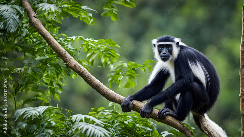 Obraz premium Colobus monkey in vibrant forest greenery, Ai Generated