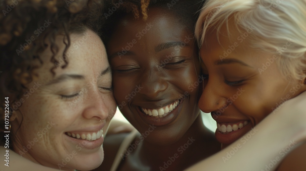 Three happy women with diverse skin tones, smiling and embracing each other warmly, radiating friendship and unity, in Three happy women with diverse skin tones, smiling and embracing each other warmly, radiating friendship and unity, in