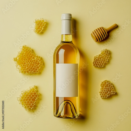 Honey wine bottle with honeycomb and dipper on light yellow background