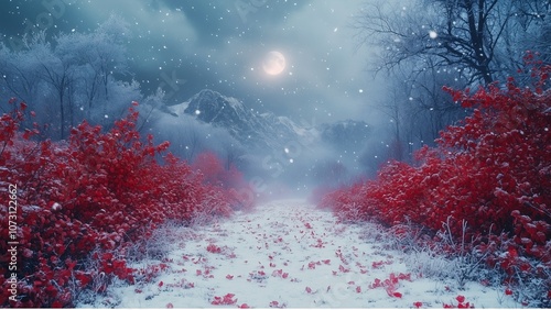 Winter Night Landscape with Red Blosssoms, Mountains and Full Moon, Snowfall photo