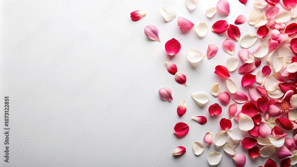 Elegant Arrangement of Scattered Red and Pink Petals on a White Background for Creative and Floral Designs with Ample Copy Space for Text and Branding Use Elegant Arrangement of Scattered Red and Pink Petals on a White Background for Creative and Floral Designs with Ample Copy Space for Text and Branding Use