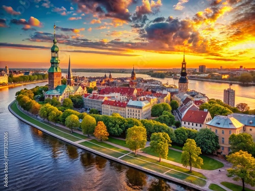 Stunning View of the Daugava River Flowing Through Riga with Scenic Old Town Architecture and Lush Green Parks in Latvia's Picturesque Landscape at Sunset photo