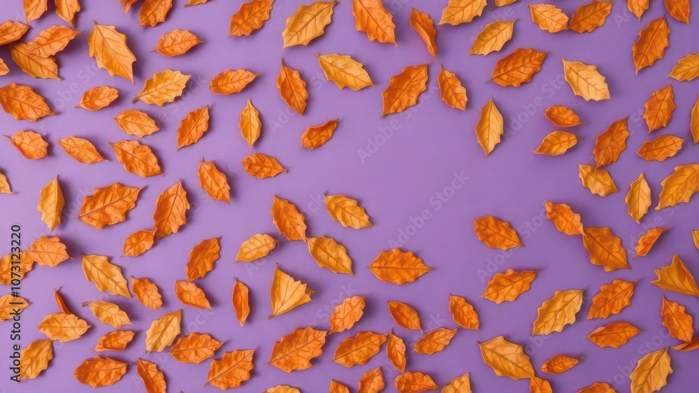 Dry orange metallic leaves scattered in a pattern on a violet background, metallic, violet Dry orange metallic leaves scattered in a pattern on a violet background, metallic, violet