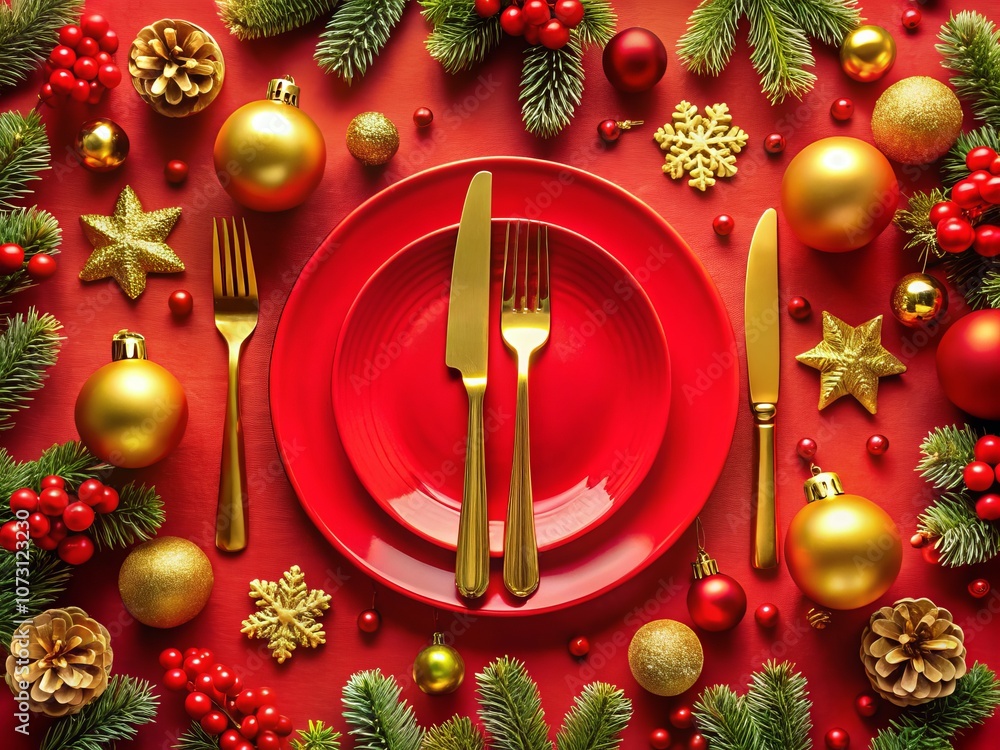 Elegant Christmas Dinner Setting with Golden Cutlery on a Red Plate Surrounded by Festive Ornaments, Perfect for Holiday Celebration and Festive Table Decor Inspiration Elegant Christmas Dinner Setting with Golden Cutlery on a Red Plate Surrounded by Festive Ornaments, Perfect for Holiday Celebration and Festive Table Decor Inspiration