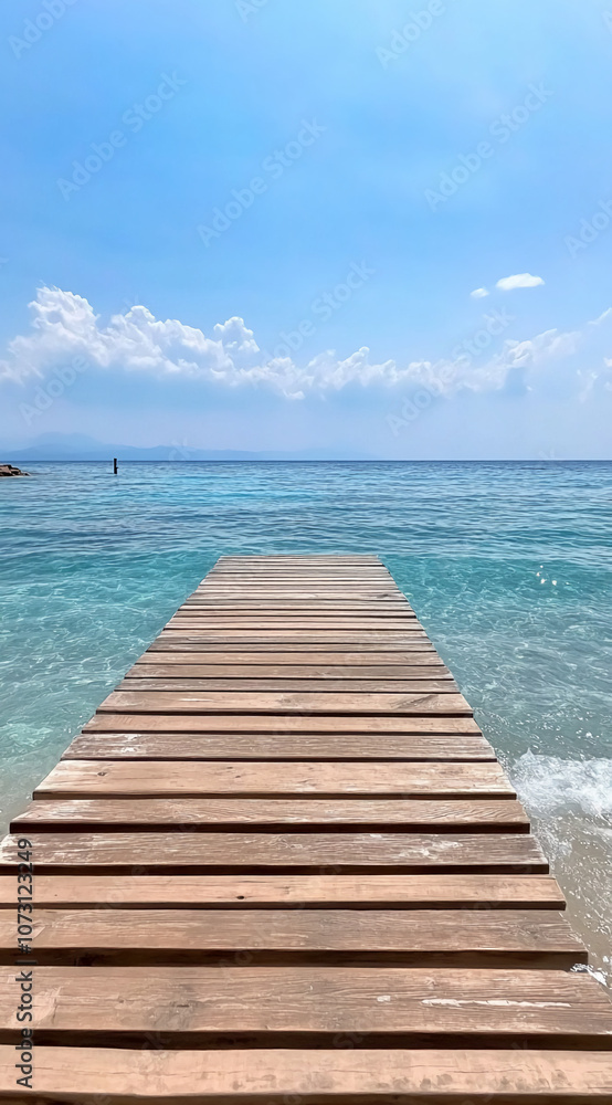 Obraz premium A wooden dock extends into the clear blue water of the Aegean Sea on a sunny day