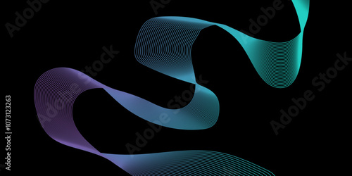 Modern multicolor wave of light is displayed on black background, Abstract wavy lines and neon glow on a black background, soundwave on a dark reflective surface.	