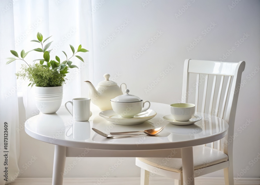 Elegant Minimalist Breakfast Table Setting Featuring White Plates, Silver Cutlery, Teapot, and Glass on a Crisp White Table with a Simple Chair for a Cozy Morning Aesthetic Elegant Minimalist Breakfast Table Setting Featuring White Plates, Silver Cutlery, Teapot, and Glass on a Crisp White Table with a Simple Chair for a Cozy Morning Aesthetic