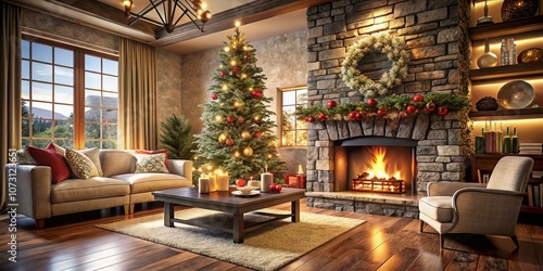 Wallpaper Mural Stylish Modern Living Room Decorated for Christmas with Cozy Atmosphere, Stone Fireplace, Festive Decor, and Beautiful Christmas Tree for a Perfect Holiday Vibe Torontodigital.ca
