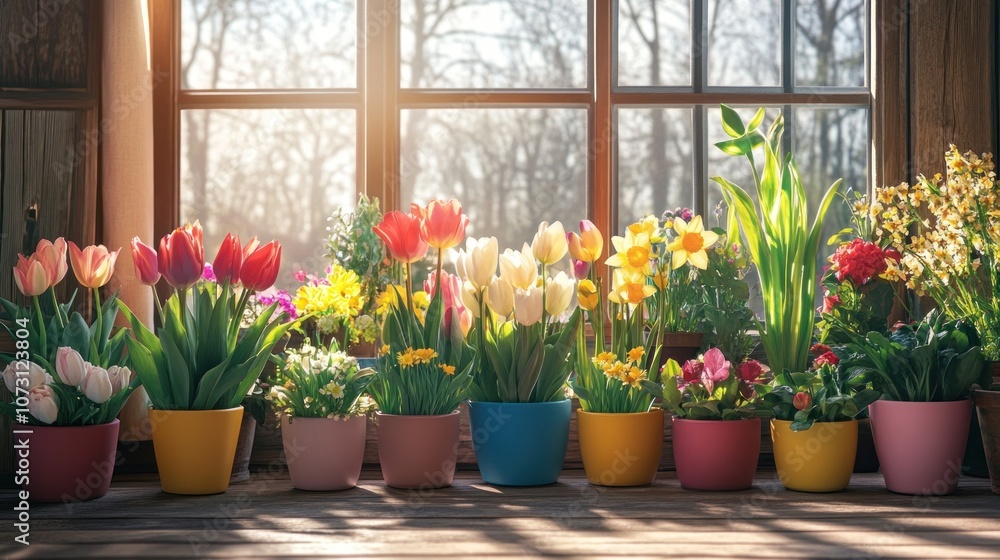 Fototapeta premium Colorful potted flowers on a windowsill in front of a window with sunlight streaming in.