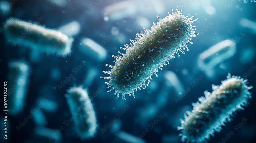 Microscopic view of bacteria in blue environment illustrating microbiology and science concept Microscopic view of bacteria in blue environment illustrating microbiology and science concept