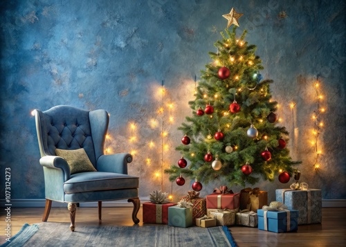 Enchanting Christmas Tree with Gifts Beside a Cozy Chair Against a Blue Textured Wall – Ideal Mockup for Holiday Promotions and Seasonal Decor Backgrounds