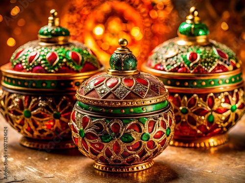 Exquisite Collection of Three Ornate Decorative Objects Featuring Rich Red and Green Colors with Elegant Gold Trim, Perfect for Interior Design and Artistic Displays