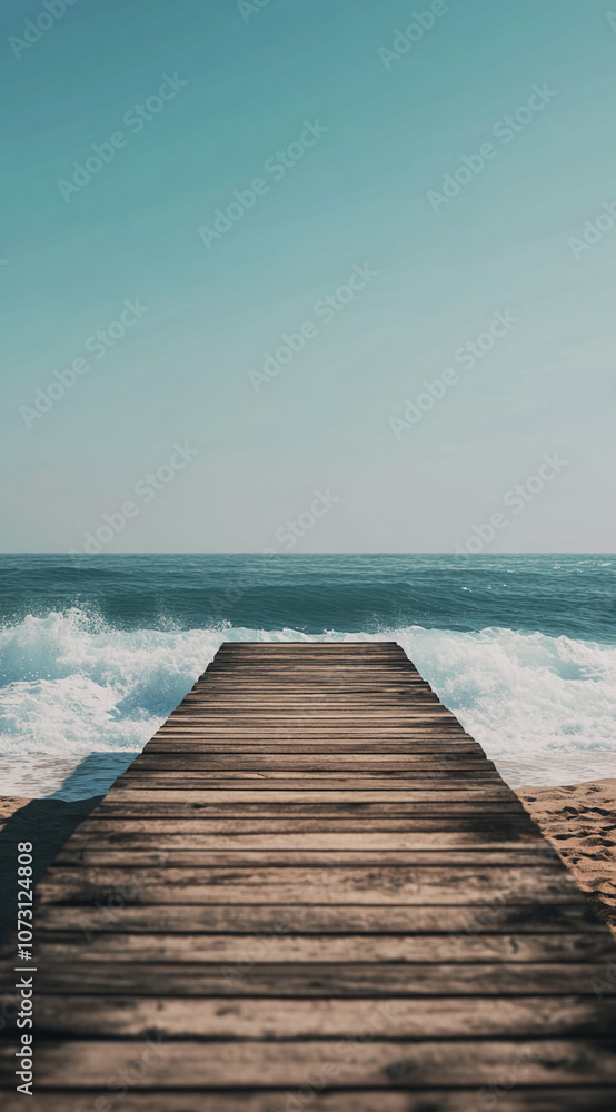 Fototapeta premium A wooden pier extends out into the blue ocean, with waves crashing around it. The sky is clear and bright, making for a peaceful scene