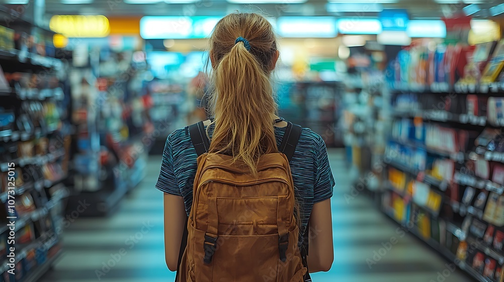 Woman with Backpack Walking Through a Grocery Store Woman with Backpack Walking Through a Grocery Store