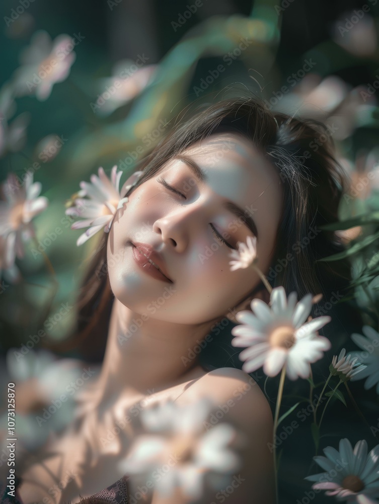 A woman rests among delicate white flowers. AI. A woman rests among delicate white flowers. AI.