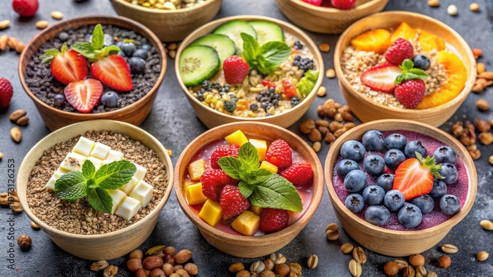 A collection of healthy, smoothie bowls in biodegradable delivery containers, topped with granola, chia seeds, and fresh fruit A collection of healthy, smoothie bowls in biodegradable delivery containers, topped with granola, chia seeds, and fresh fruit