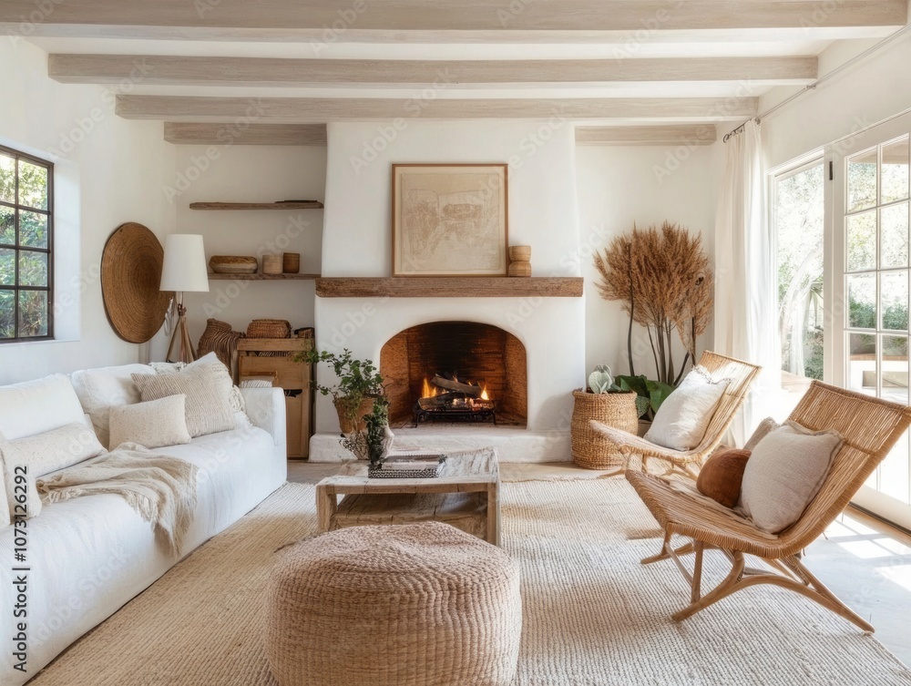 Fototapeta premium Cozy Living Room with Fireplace, White Walls, and Natural Elements