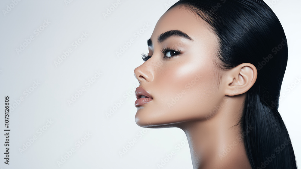 Profile of a woman with black hair against a white background showcasing her smooth skin and elegant features Profile of a woman with black hair against a white background showcasing her smooth skin and elegant features