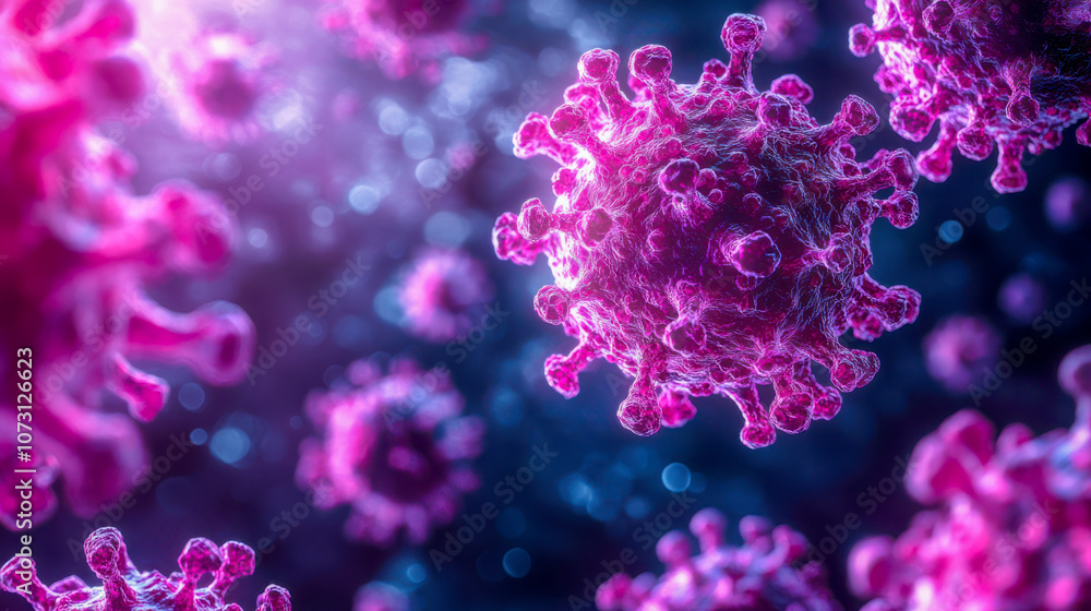 Pink viruses floating in a blue, bokeh background, representing microscopic biological organisms Pink viruses floating in a blue, bokeh background, representing microscopic biological organisms