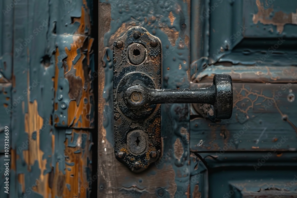 Old door handle on a weathered blue door, highlighting the passage of time and the beauty of decay Old door handle on a weathered blue door, highlighting the passage of time and the beauty of decay