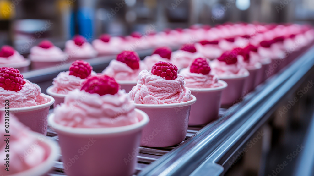 Raspberry-topped pink sorbet cups on a conveyor belt in a dessert factory Raspberry-topped pink sorbet cups on a conveyor belt in a dessert factory