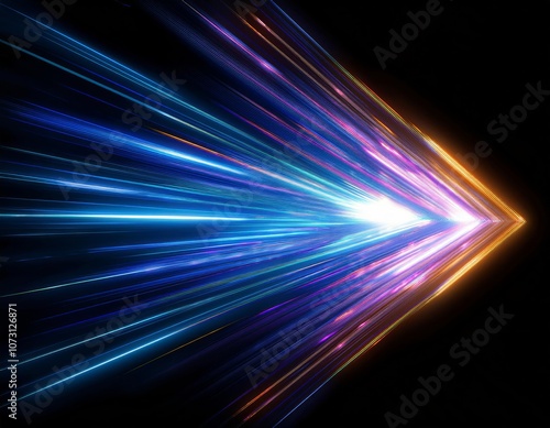 Dynamic light trails forming an arrow shape against black background