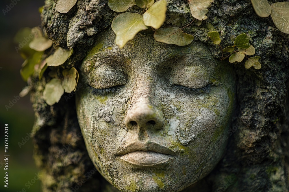 Fototapeta premium Stone face of mother nature resting with closed eyes and leaves in hair