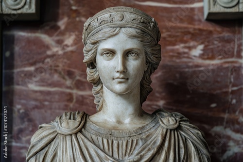 White marble bust of woman wearing laurel wreath crown