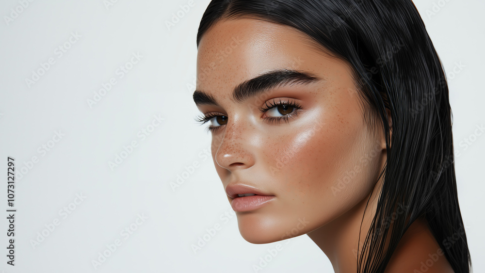 Natural beauty woman with glowing tanned skin, freckles, and sleek black hair, big eyebrows, model isolated on a white background Natural beauty woman with glowing tanned skin, freckles, and sleek black hair, big eyebrows, model isolated on a white background