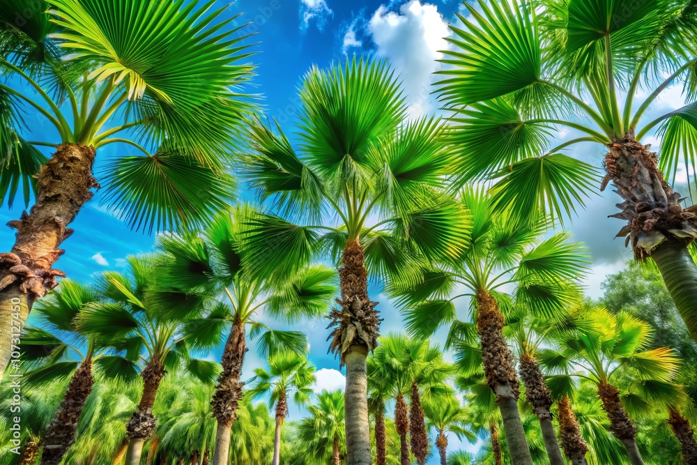 Majestic European Fan Palm Trees Against a Bright Blue Sky - Lush Tropical Landscape with Large Rounded Leaves and Slender Trunks Perfect for Invoking Serenity and Relaxation Majestic European Fan Palm Trees Against a Bright Blue Sky - Lush Tropical Landscape with Large Rounded Leaves and Slender Trunks Perfect for Invoking Serenity and Relaxation