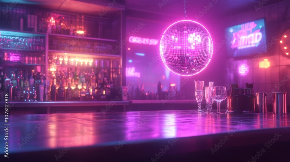 Empty bar counter with neon lights, disco ball and glasses. Empty bar counter with neon lights, disco ball and glasses.
