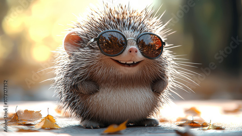This playful image showcases a smiling, anthropomorphized porcupine wearing stylish sunglasses, radiating confidence and charm on a clean white background. Generative AI