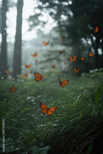 Orange butterflies in flight