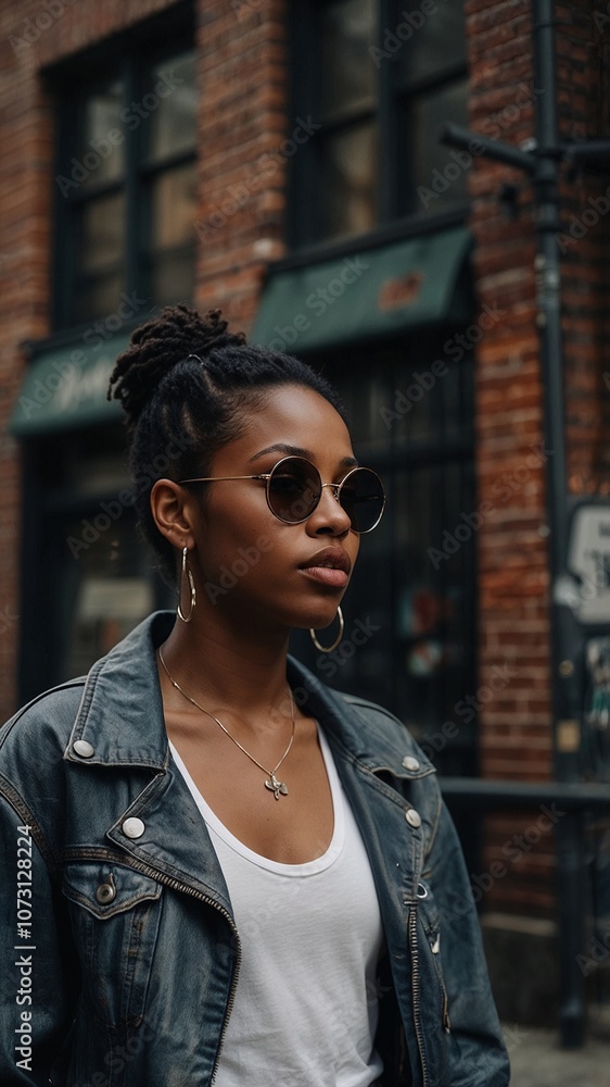 Casual Street Style Woman in Denim Jacket and Pants Walking Through City Streets Casual Street Style Woman in Denim Jacket and Pants Walking Through City Streets