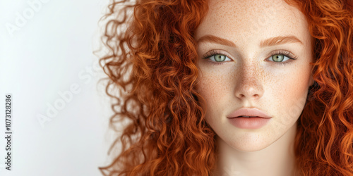 red-haired woman with lush curls and freckled face, soft makeup and piercing green eyes, hairstyle 