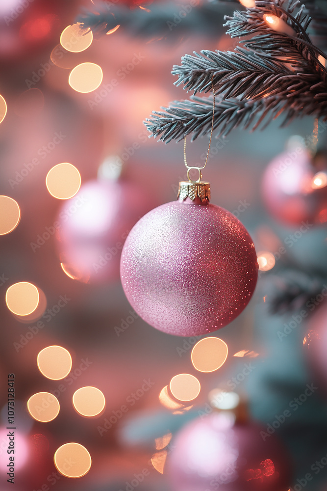 A festive pink Christmas ornaments hanging from a pine branch, set against a backdrop of sparkling lights. A festive pink Christmas ornaments hanging from a pine branch, set against a backdrop of sparkling lights.