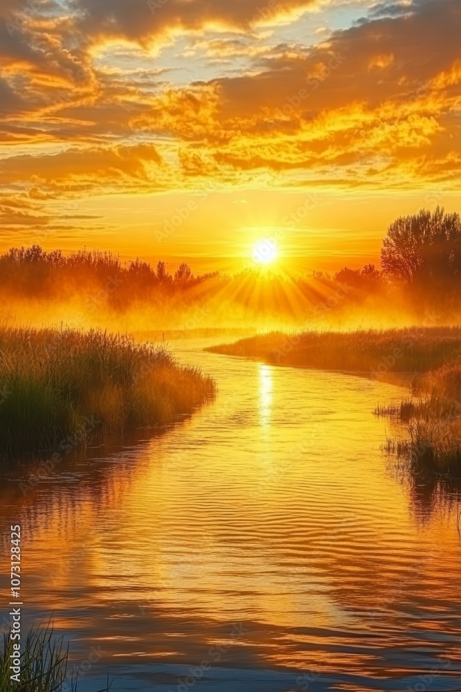 Golden Hour Serenity Tranquil River Landscape, Reed Meadow, and Picturesque Sunset Reflection Golden Hour Serenity Tranquil River Landscape, Reed Meadow, and Picturesque Sunset Reflection