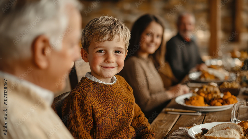 joyful child smiles at Thanksgiving table, surrounded by family. warm atmosphere features delicious food and happy faces, creating memorable holiday moment joyful child smiles at Thanksgiving table, surrounded by family. warm atmosphere features delicious food and happy faces, creating memorable holiday moment