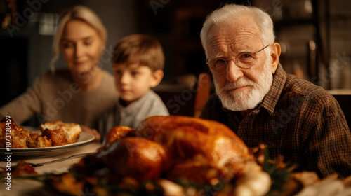 Sharing joyful family meal, grandfather, mother, and child enjoy delicious turkey dinner together, creating cherished memories around table